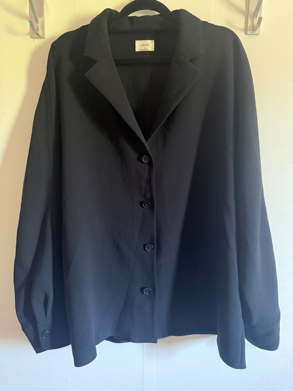 Wilfred Aritzia Black Draped Blouse M Minimalist Button Front Long Sleeve Top